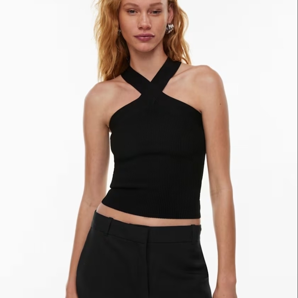 Babaton Black Sculp Knit Cross-Neck Crop Top Size Small
